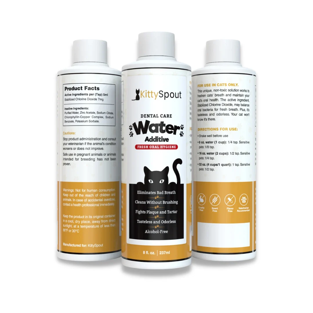 Hampaiden hoitoon tarkoitettu vesiannos KittySpout-suihkulähteeseen